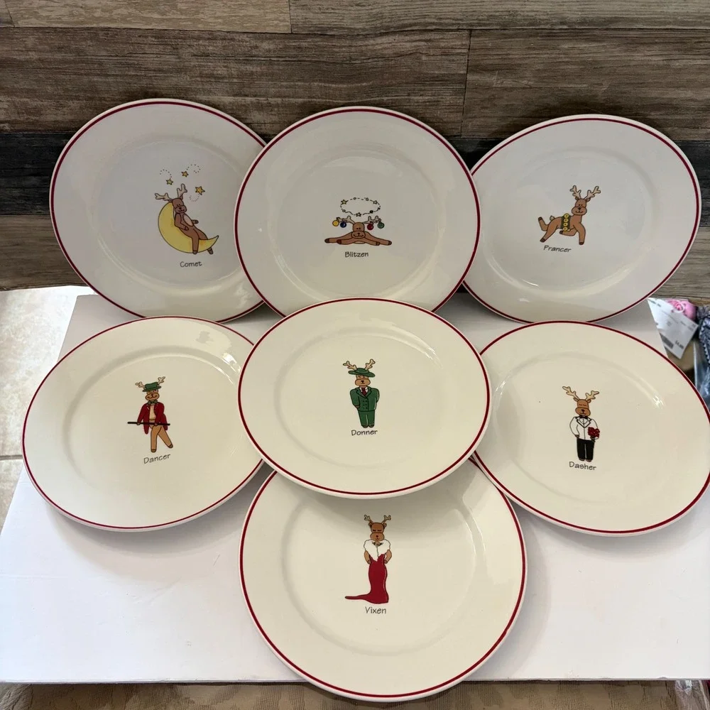 Rainbow Mountain Reindeer Christmas Salad Plates Set of 7 LTD
